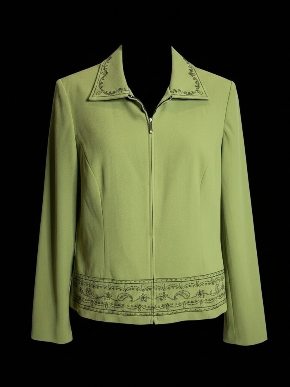 Dress Barn Light Green Embroidered Zip Jacket